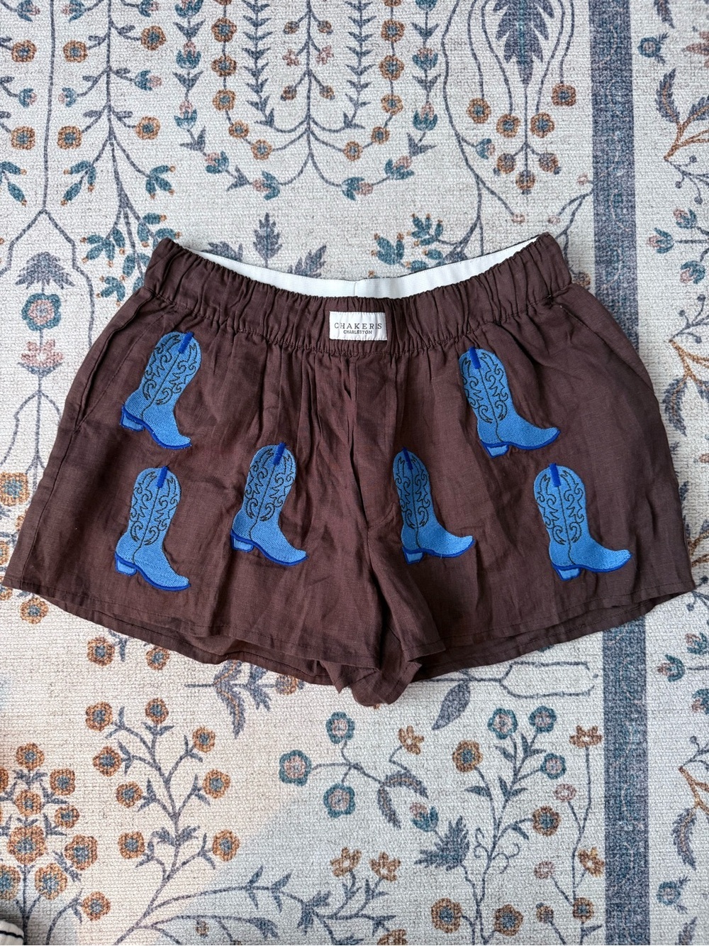 Chakeris Charleston Brown Linen Cowboy Boot Embroidered Shorts Size L